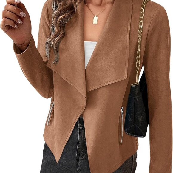 Jackets & Blazers - Brand New Women's Faux Suede Cropped Jacket in Camel, Size Small, Trendy Fall Fa